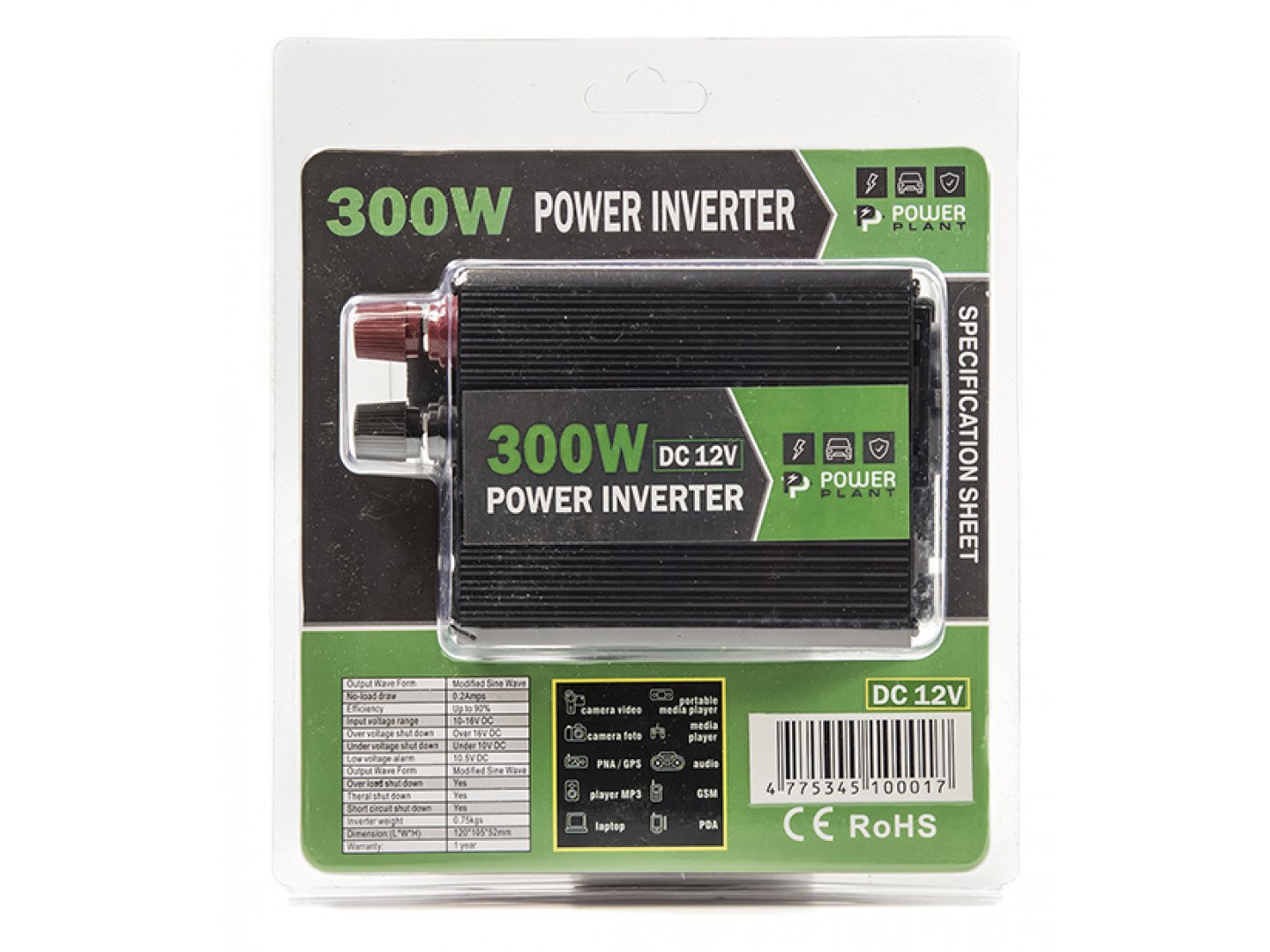 Інвертор PowerPlant HYM300-122, 12V/220V, 300W, (KD00MS0001)