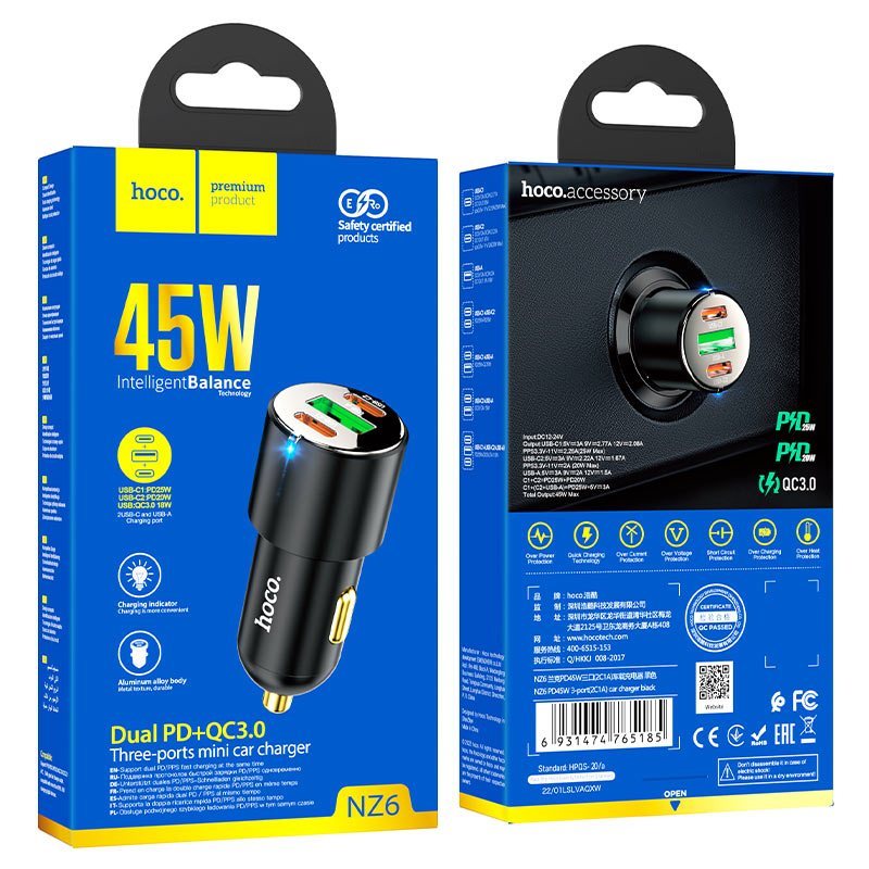 Автомобільний адаптер Hoco NZ6 45W, 2xUSB + Type-C