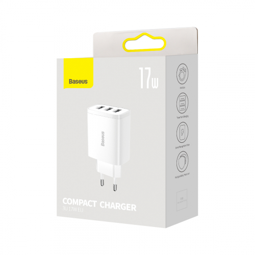 Зарядний пристрій BASEUS Compact 17W 3xUSB (CCXJ020102), White