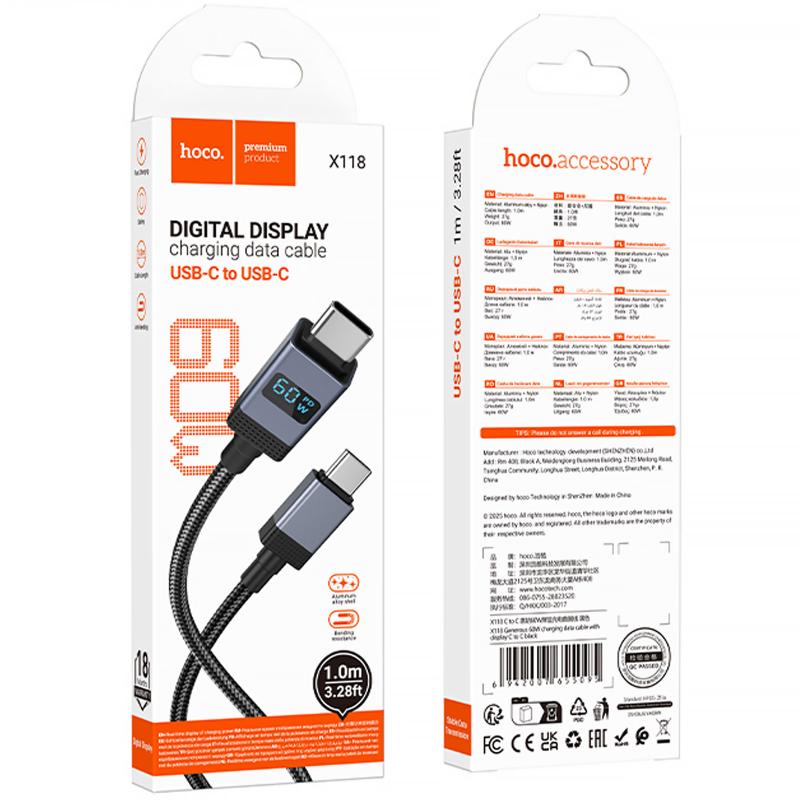 Кабель USB Type-C, 1 m Hoco X118 Digital Display