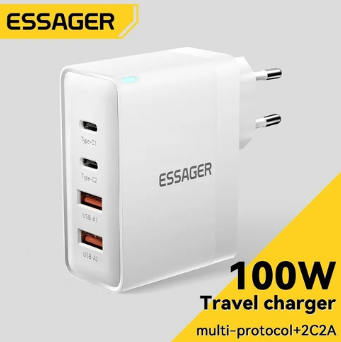 Зарядний пристрій ESSAGER Travel Charger 100W 2xUSB, 2xType-C (ES-CD37), White