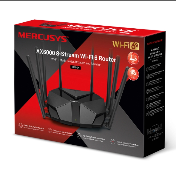 Маршрутизатор Mercusys MR90X (AX6000 Wi-Fi 6 (802.11ax), 1хGE WAN, 3хGE LAN, MU-MIMO, 8 антен)