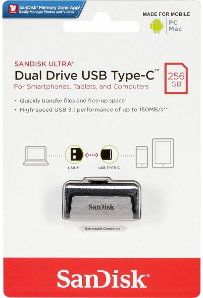 Флеш пам`ять USB 256GB Sandisk Dual Drive USB 3.1/Type-C, 150 MB/s (SDDDC2-256G-G46)