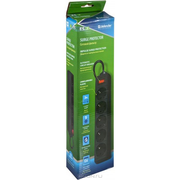 Мережевий фільтр Defender ES 3m 5 роз. black