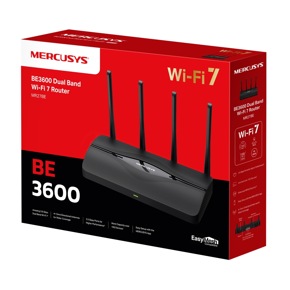 Маршрутизатор Mercusys MR27BE (BE3600 Wi-Fi 7, 1хGE WAN, 3хGE LAN, MU-MIMO, 4 антени)