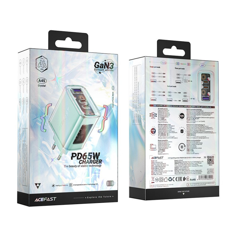 Зарядний пристрій AceFast A45 Crystal 65W GaN3 2xType-C, USB, Mountain mist
