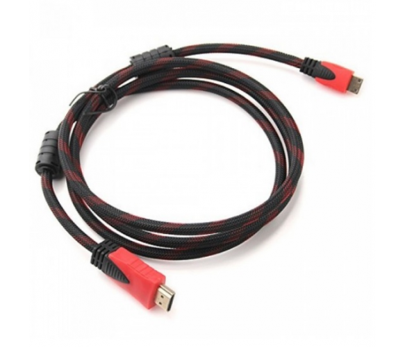Кабель для монітора HDMI - HDMI, 5 м, v1.4, 2 феррита, обплетення, круглий, пакет (YT-HDMI(M)/(M)NY/RD-5.0m)