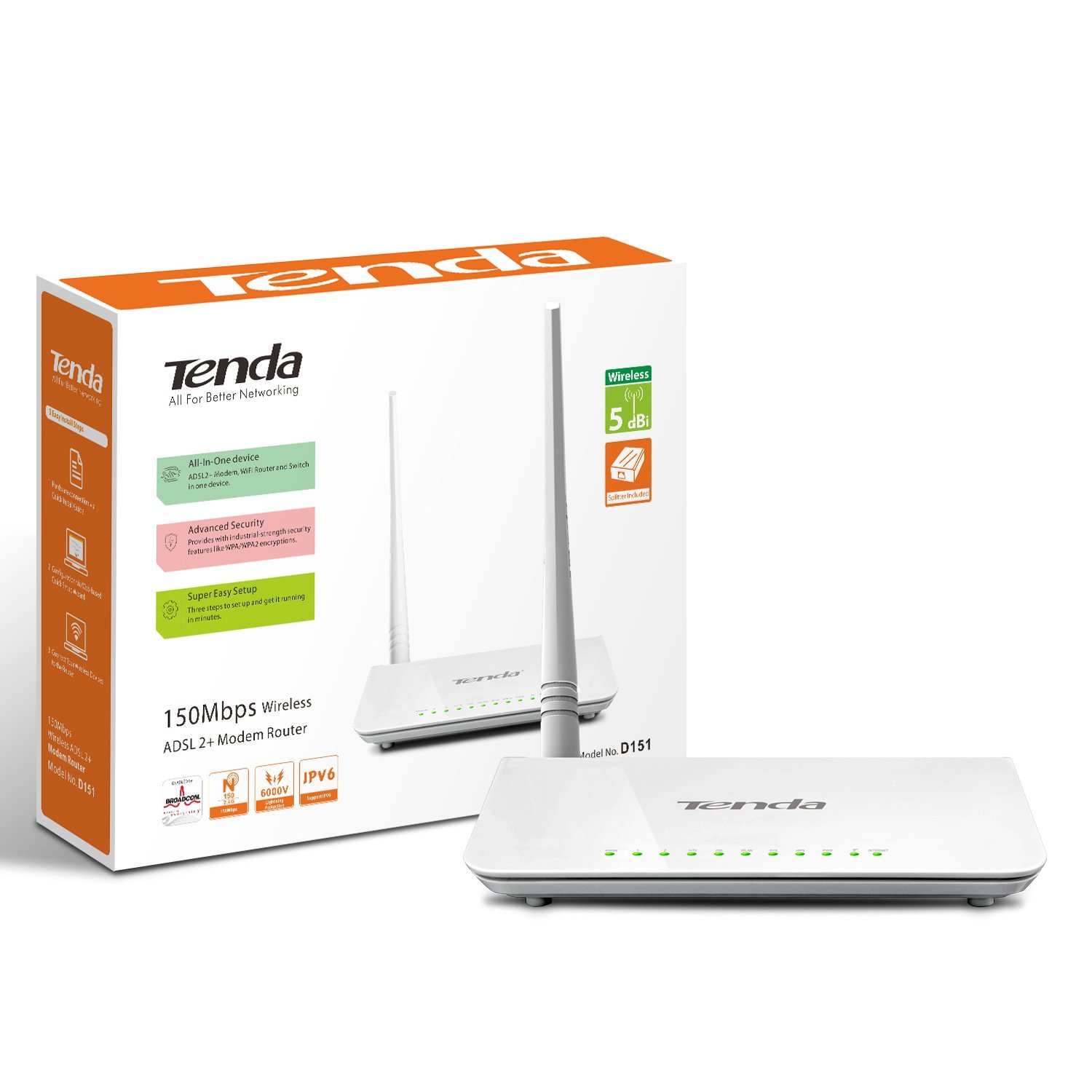 Модем-маршрутизатор Tenda D151, 3port LAN, 1port LAN/WAN, 1port RJ11, WiFi 150Mbit 802.11n