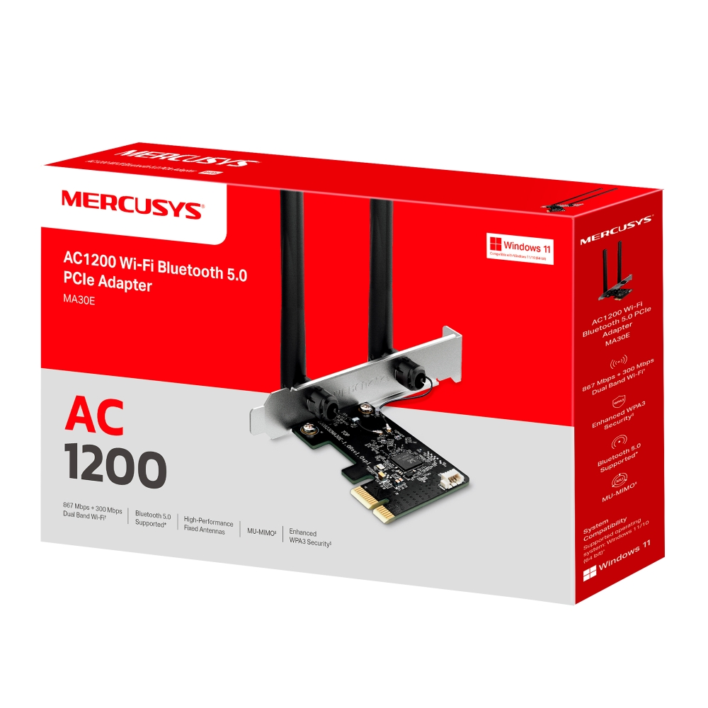 Обладнання Wi-Fi Adapter Mercusys MA30E, AC1200, Dual band 2.4/5GHz, Bluetooth 5.0, PCI-E