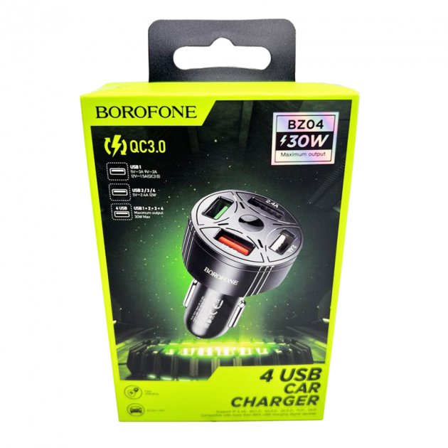 Автомобільний адаптер Borofone BZ04 30W, 4xUSB 2.4A, Black